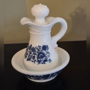 Avon Vtg Skin So Soft Bath Oil White Milk Glass Blue Floral Bowl & Pitcher EMPTY